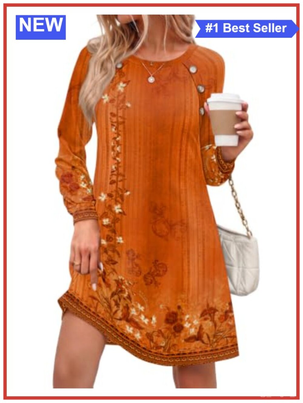 Zeagoo Women's Long Sleeve A-Line Tunic Dress Side Button Crew Neck Mini with